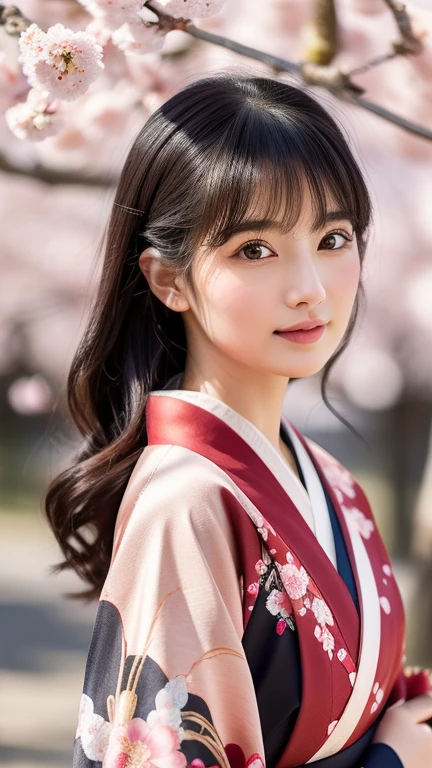 Disheveled clothes, Realistic photos, Beautiful Eyes, Flowing black hair, Elegant kimono, Cherry blossom background, Traditional folding fan, Calm expression, Soft lighting, Traditional Japanese art style, Vibrant colors, Peaceful atmosphere, Delicate features, Graceful posture