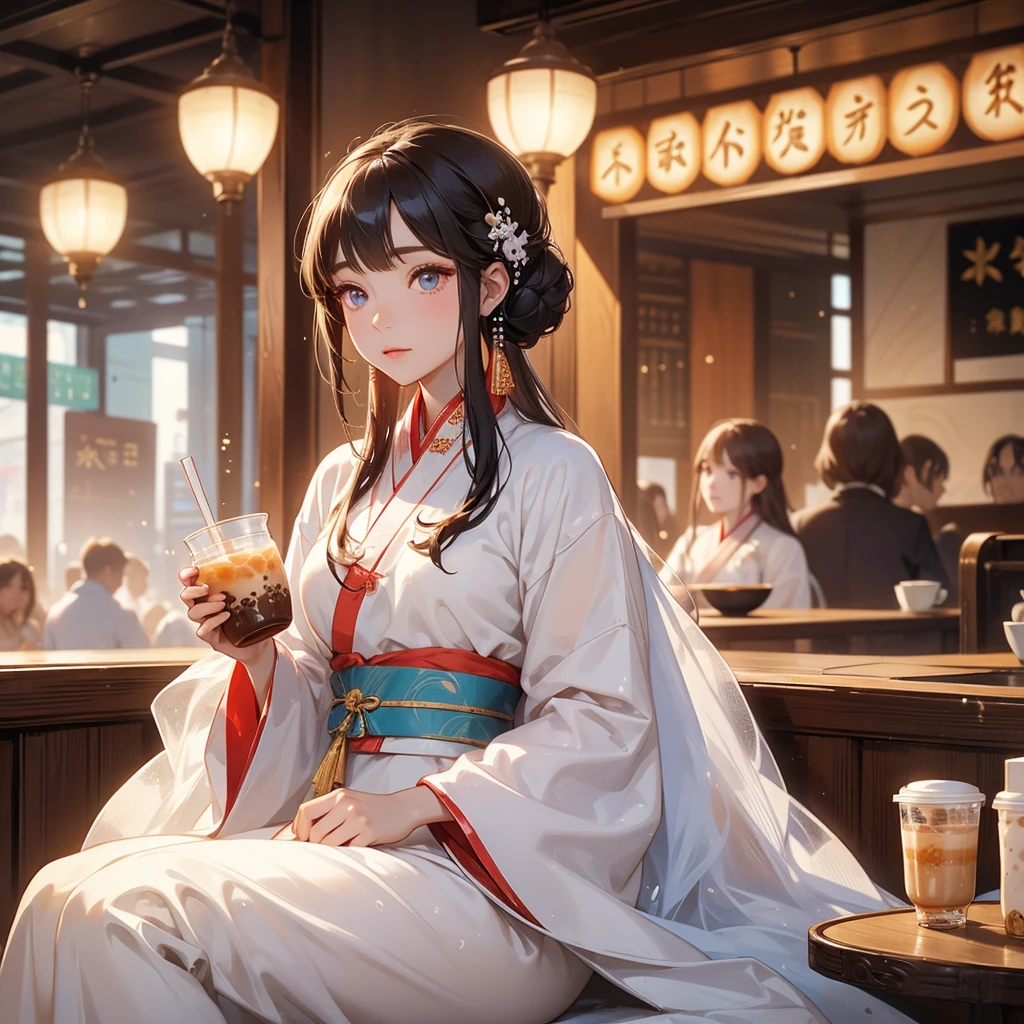 A beautiful woman wearing a hanfu dress was drinking pearl milk tea in big cup in a crowded coffee shop. She sat in the corner of a seat next to the glass. Light shone on her face. The eyes are very reflective during the day.