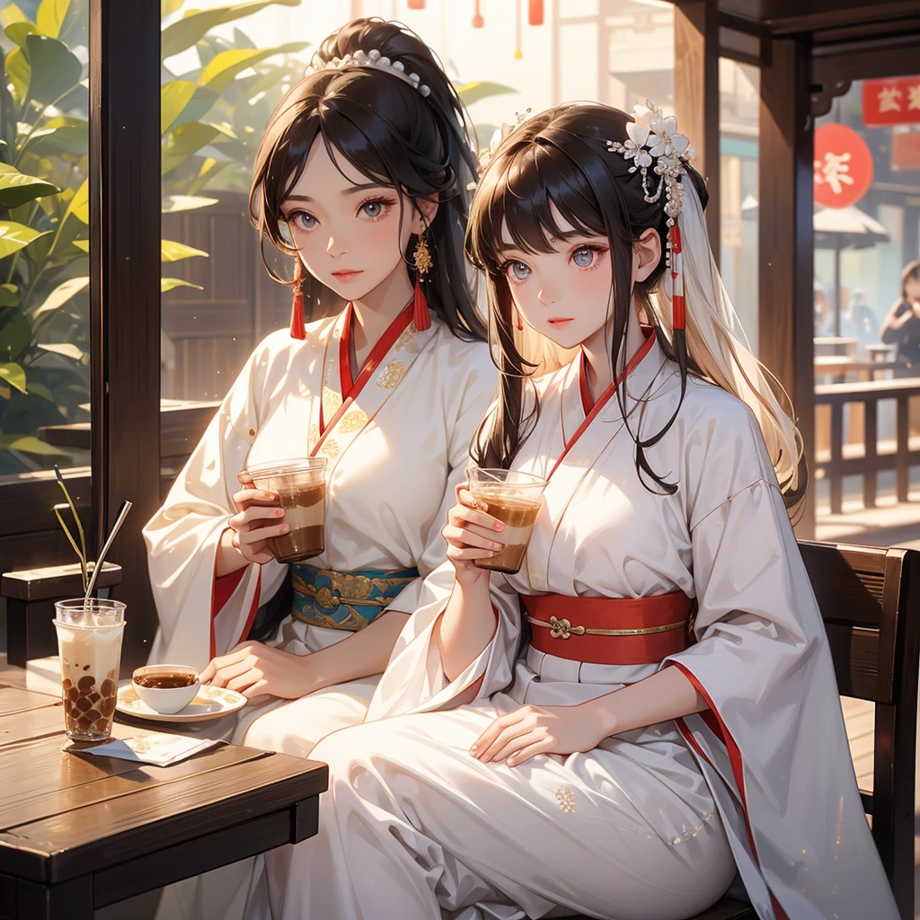 A beautiful woman wearing a hanfu dress was drinking pearl milk tea in big cup in a crowded coffee shop. She sat in the corner of a seat next to the glass. Light shone on her face. The eyes are very reflective during the day.