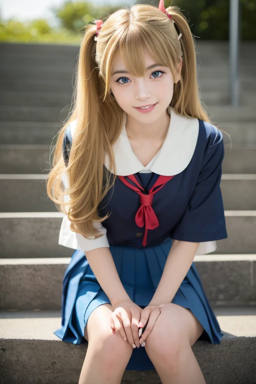 ((Beautiful blonde hair))、((Beautiful blonde hair))、One Girl、((Highest quality、8k、masterpiece))、Sharp focus:1.2、(Small fox ears)、Cute 17 year old girl with perfect figure:1.4、((Detailed image of the skirt))、 ((Detailed image of the skirt))、Highest quality, masterpiece, Ultra-high resolution, (Realistic:1.4), RAW Photos, Full Body Shot, Front view, From below, One Girl, The most famous Japanese idols, Crouching on the stairs, ((Wear Japan high school uniform)), (Very cute face like the most popular Japanese idol, (Very beautiful big eyes)), Very beautiful hair, Very beautiful skin, Very beautiful long eyelashes, Very beautiful lips, Very beautiful short body, Very beautiful thighs, An innocent smile, View your viewers, Dynamic pose, Detailed play area, ((Detailed matching of Japanese high school uniforms)), ((Detailed image of the skirt)、)((Detailed image of the skirt))、((Detailed image of the skirt))