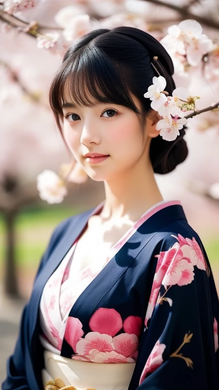 A glimpse, Open clothes, Realistic photos, Beautiful Eyes, Flowing black hair, Elegant kimono, Cherry blossom background, Traditional folding fan, Calm expression, Soft lighting, Traditional Japanese art style, Vibrant colors, Peaceful atmosphere, Delicate features, Graceful posture