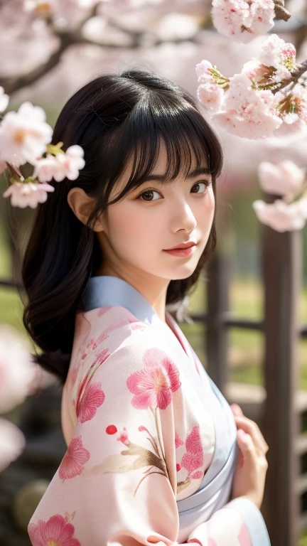 A glimpse, Open clothes, Realistic photos, Beautiful Eyes, Flowing black hair, Elegant kimono, Cherry blossom background, Traditional folding fan, Calm expression, Soft lighting, Traditional Japanese art style, Vibrant colors, Peaceful atmosphere, Delicate features, Graceful posture