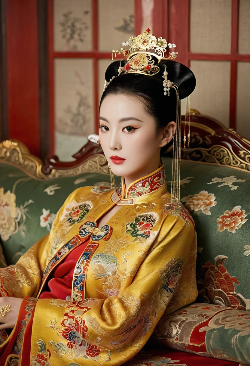 Gorgeous Empress of the Chinese Court during the Qing Dynasty Gorgeous Empress of the Chinese Court on a sofa, nude, large and golden, with her legs on the sofa, wide open, knees bent, in an M pose (pornographic pose), with her hair tied on both sides The background of this perverted and erotic woman wearing a crown and tying her hair is the Chinese court of the Qing Dynasty. The scene is set in the luxurious room of an empress in the Qing Dynasty Chinese court.
Translated with DeepL.com (free version)