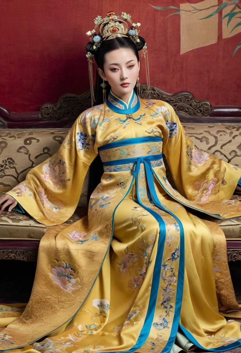Gorgeous Empress of the Chinese Court during the Qing Dynasty Gorgeous Empress of the Chinese Court on a sofa, , large and golden, with her legs on the sofa, wide open, knees bent, in an M pose (pornhic pose), with her hair tied on both sides The background of this perverted and erotic woaring a crown and tying her hair is the Chinese court of the Qing Dynasty. The scene is set in the luxurious room of an empress in the Qing Dynasty Chinese court.

Translated with DeepL.com (free version)