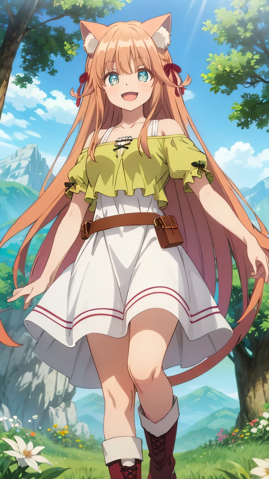 {{{masterpiece}}}, {{{best quality}}}, {{ultra-detailed}}, {illustration}, {{an extremely delicate and beautiful}}, (beautiful detailed eyes:1.6), extremely detailed face, 16k, anime face, Kanade(Beast Tamer), kanade, cute face, cat girl, cat ears, light brown hair, very long hair, red hair ribbon, Big eyes, green eyes, medium breasts, thin waist, big hips, curvaceous, cat tail, BREAK, shoulderless shirt, off-shoulder shirt, clavicle, short sleeves, white dress, green shirt, belt, pouch, boots, white skirt, medium skirt, puffy sleeves, brown boots BREAK, smiling, looking at viewer, open mouth, flushed cheeks, flash effect, outdoor, mountain, daytime, forest, flower garden, field, sunshine, peer in from below