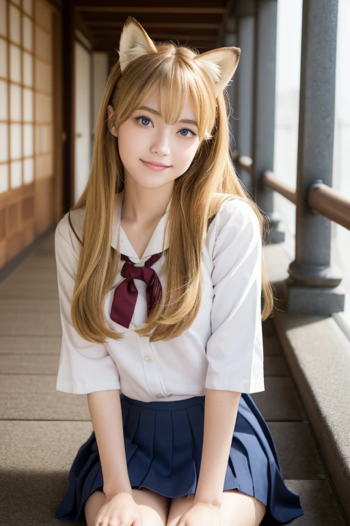 ((Beautiful blonde long hair)), ((Beautiful blonde long hair)), One girl, ((Top quality, 8K, Masterpiece)), Sharp focus: 1.2, (Small fox ears), Cute 17-year-old girl with perfect figure: 1.4, ((Detailed image of skirt)), ((Detailed image of skirt)), Top quality, Masterpiece, Ultra high resolution, (Realistic: 1.4), RAW photo, Full body shot, Front view, From below, One girl, Most famous Japanese idol, Crouching on stairs, ((Wearing Japanese high school uniform)), (Very cute face like most popular Japanese idol, (Very beautiful big eyes)), Very beautiful hair, Very beautiful skin, Very beautiful long eyelashes, Very beautiful lips, Very beautiful short body, Very beautiful thighs, Innocent smile, Looking at the viewer, Dynamic pose, Detailed play area, ((Detailed matching of Japanese high school uniform)), ((Detailed image of the skirt)), ((Detailed image of the skirt)), ((Detailed image of the skirt))
