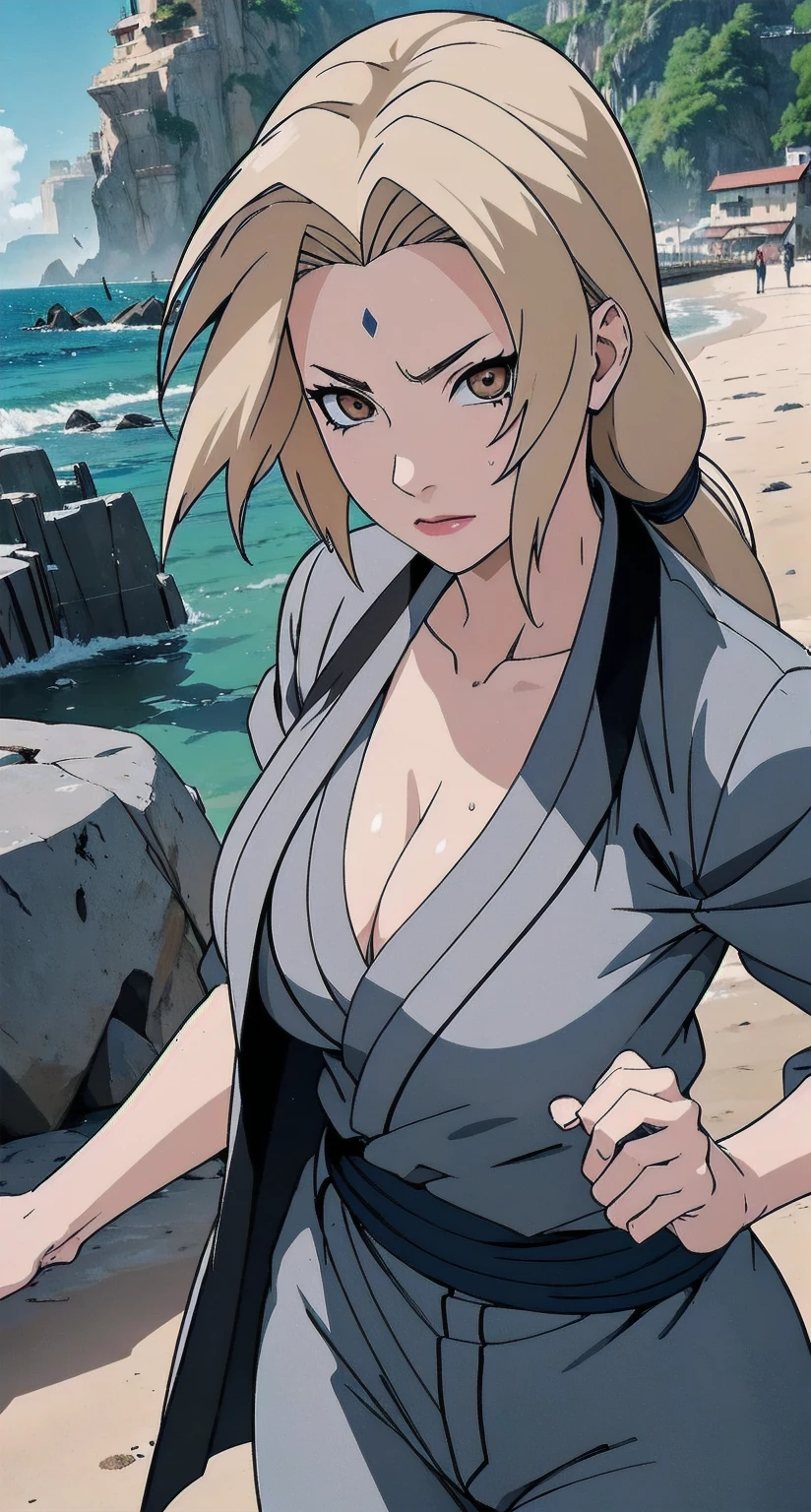 (masterpiece, highest quality:1.2), alone, One Girl, Tsunade Defense, Forehead mark, View your audience、((Battle Scenes、Three-quarter length navy blue trousers、Fighting Pose、Sweat、sand smoke、Rocky area、wood、3/4 length pants、No sleeve、Torn clothes、Large areola、chest))、Beautiful girl with beautiful details, Professional photography illumination, Highly detailed eyes and face, Beautiful eyes in every detail、Beautiful detailed hair, Beautiful and exquisite cold face、アニメ