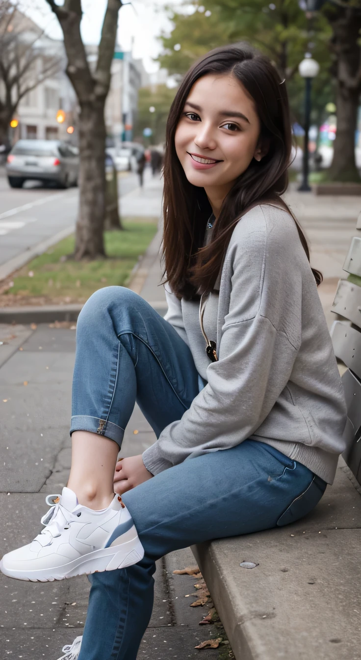 A 20-year-old girl is sitting on a park bench, Full body photo、, Black Hair, smile、Ear piercing、,, Grey sweater, Skinny jeans、 Wearing sneakers,, High resolution, detailed, Realistic,High detailed