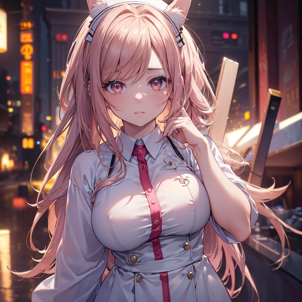 beautiful detailed portrait of a long-haired anime-style nurse with large breasts, piercing gaze, ominous aura, beautiful brown eyes, sharp facial features, strong presence, rabbit ears, pink eye-short cut, dramatic chiaroscuro lighting, intricate details, (best quality,4k,8k,highres,masterpiece:1.2),ultra-detailed,(realistic,photorealistic,photo-realistic:1.37),HDR,UHD,studio lighting,ultra-fine painting,sharp focus,physically-based rendering,extreme detail description,professional,vivid colors,bokeh
