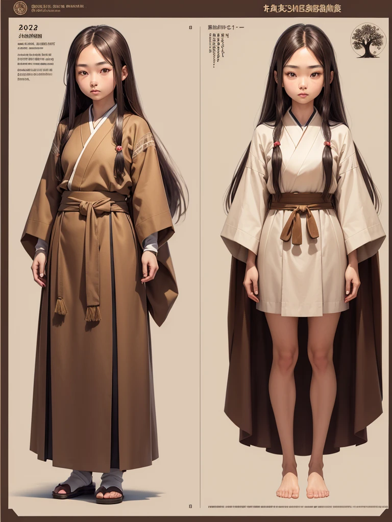 A 20 year old Japanese American, long brown hair, full body post, tree different drawings turn around, character design sheet.