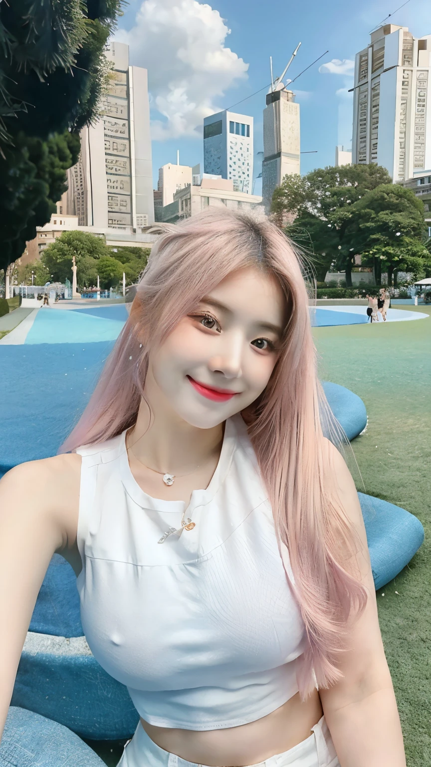 1 Girl, Beautiful, Thin Face, 20 Years Old, White Skin, Medium Breasts, Sleeveless, White Modern Oversize Clothes, Posing For Photos, in a crowded park, Blue Sky, Pink Hair , ((adorable:1.1)), ((masterpiece:1.2)), smile