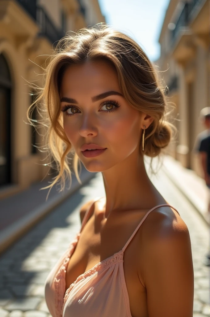 a woman walking on the streets of monaco, beautiful detailed eyes, beautiful detailed lips, extremely detailed eyes and face, long eyelashes, elegant dress, stylish hairstyle, luxury villa, cobblestone street, mediterranean architecture, warm sunlight, cinematic lighting, intricate details, photorealistic, 8k, high quality, masterpiece, vibrant colors, cinematic composition