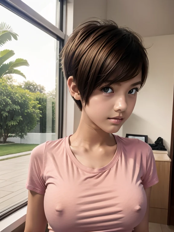 A beautiful and slim girl, short hair, tomboy hairstyle, boobs windoaring tight pink tshirt.