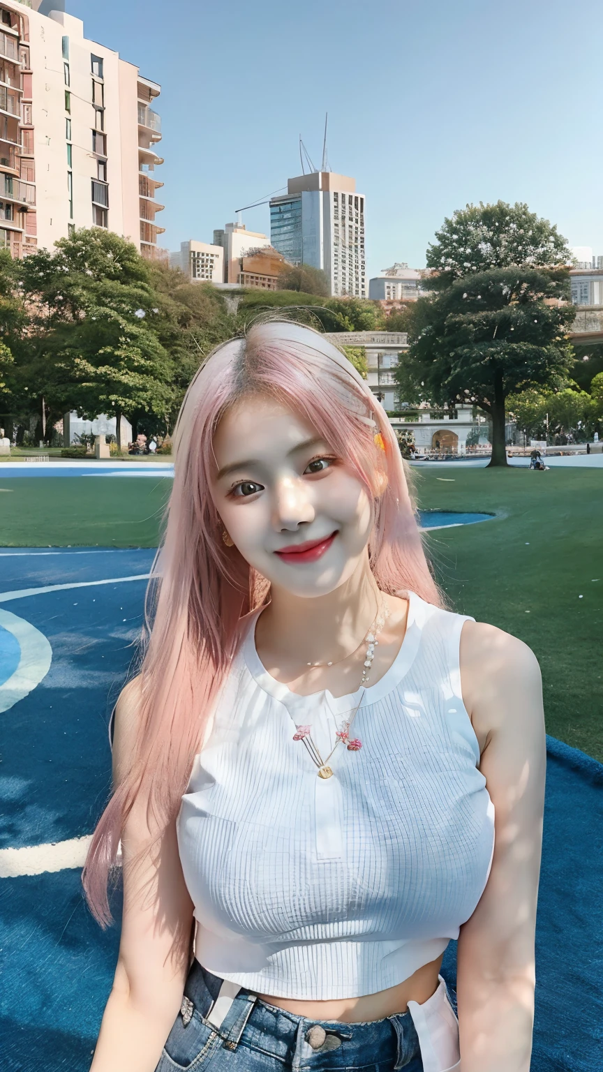 1 Girl, Beautiful, Thin Face, 20 Years Old, White Skin, Medium Breasts, Sleeveless, White Modern Oversize Clothes, Posing For Photos, in a crowded park, Blue Sky, Pink Hair , ((adorable:1.1)), ((masterpiece:1.2)), smile