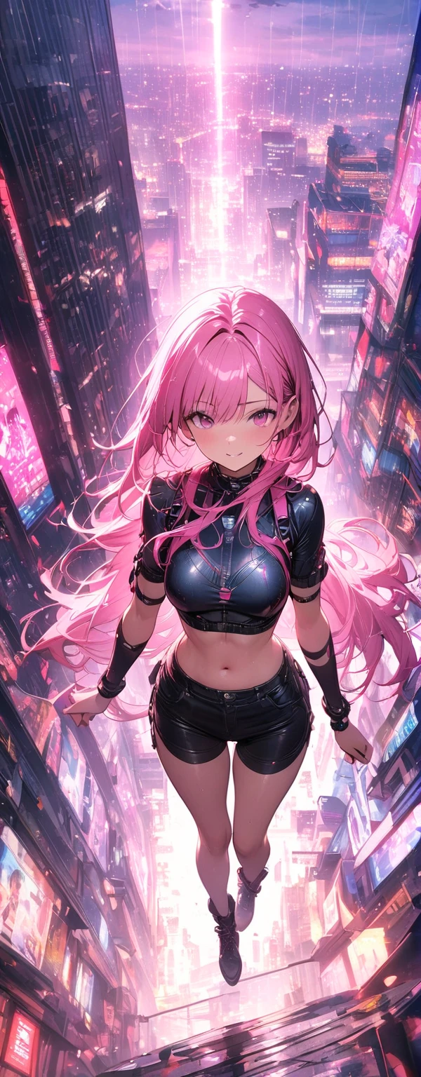 Looks about 15 years old, (beautiful girl: 1.3),Highest quality,8k,Highly detailed CG unit wallpaper,masterpiece:1.2,top-quality,Ultra-high resolution,RAW Photos,real texture skin,Cinema Lighting,Huge buildings,metropolis,Big, round, beautifully shaped butt,),(Perfect hands, Perfect Anatomy),((Cyber city bathed in pink light rain)),(Panoramic View:1.5),(((the world turns upside down))),1girl,