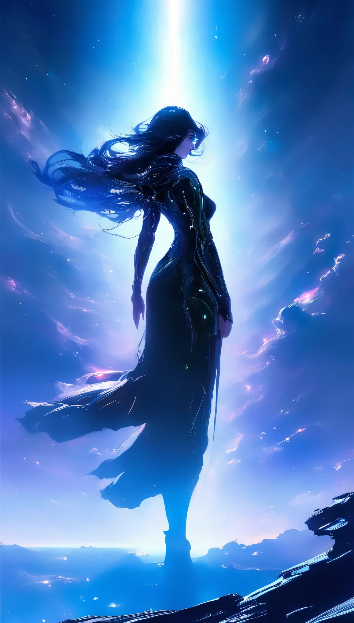 woman standing on the edge of horizon looking at the camera, sci fi art style of the masters,