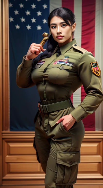 (best quality,4k,8k,highres,masterpiece:1.2),ultra-detailed,realistic,Malaysian women in army uniform,strong determination,confident,brave,stern gaze,professional,adorned with medals,sharp focus,physically-based rendering,vivid colors,studio lighting,flag backdrop,proud,unwavering spirit,inspiring,regal,encouraging diversity,respectful representation,traditional attire,fierce warriors,dedicated service,heroic,striking pose,defending the nation,unbreakable bond of sisterhood,courageous soldiers,exquisite details,dressed in camouflage,representing strength and grace.