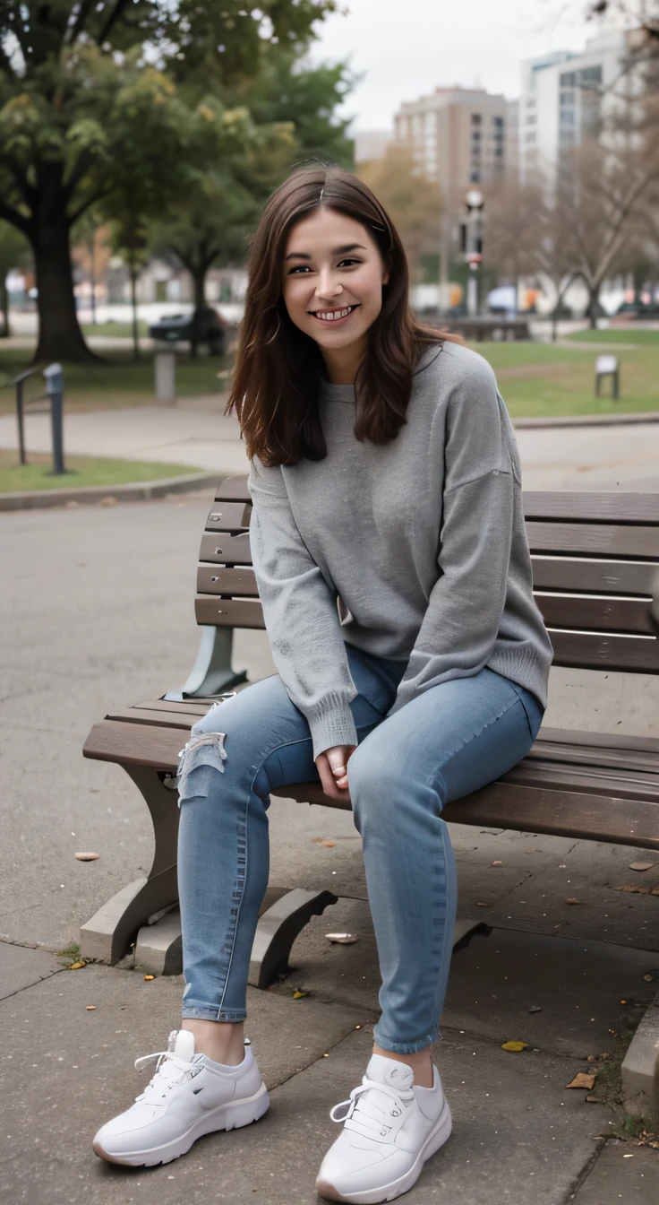 A girl is sitting on a bench in the park, Full body photo、, , smile、Ear piercing、,,Grey sweater, Skinny jeans、 Wearing sneakers,, High resolution, detailed, Realistic,High detailed
