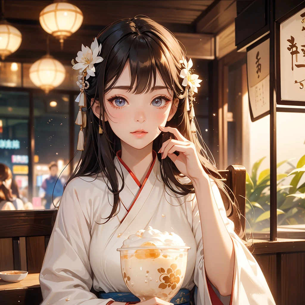 A beautiful woman wearing a hanfu dress was drinking pearl milk tea in big cup in a crowded coffee shop. She sat in the corner of a seat next to the glass. Light shone on her face. The eyes are very reflective during the day.