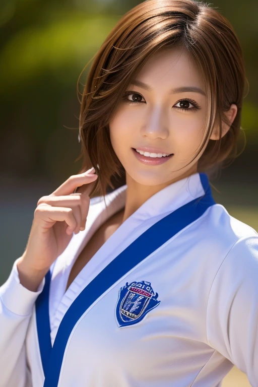 Professional fighter in judo uniform:1.3, Cinematic photography,(Ultra Realistic, High resolution), (Highly detailed eyes, Highly detailed hair, highly Detailed face, Highly detailed plump lips，Perfect Anatomy),(Highest quality:1.4), (Realistic, photo-Realistic:1.37), Professional photography, Cinematic Light, (Detailed face: 1.2), Waistline,smile, Highly detailed skin,very thin fingers, Highly detailed nose, Highly detailed mouth