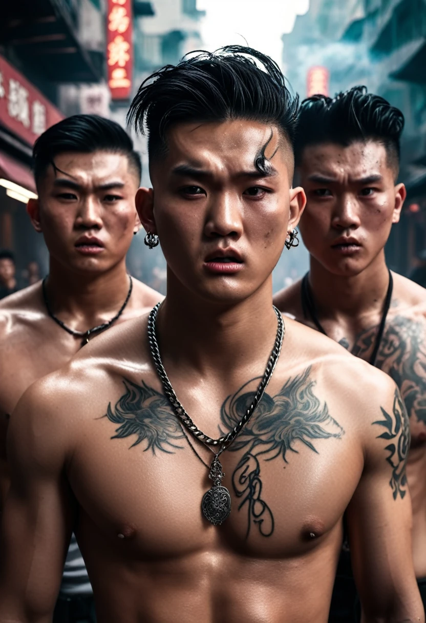 A group of extremely handsome young men, , muscular, tattooed, wearing necklaces, high buns, gangster style, romantic, Hong Kong cinema, street scene. Their eyes are filled with sadness and desire to rise. The background is a trail of blood, violence, smoke and fire. Cinematic lighting, high detail, 8K, artstation, conceptual art, dark fantasy. Photo taken with a Canon EOS R5 85mm f/11 camera, ((sharp)) mode of people and surroundings. Image quality ((8K)), ((realistic)), ((masterpiece)), ((sharpest and highest contrast)), ((excellent depth of field)), ((stereoscopic lighting)). ((angry, ferocious)), detailed pores, ((Direct light on the face)), bright sunlight.