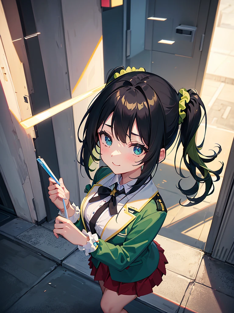 From above,(8k、Ultra-high resolution、Highest quality、masterpiece、Ultra-high resolution,Super detailed),A ponytailed high school girl in uniform is wall-donned by a viewer,((Light green scrunchie:1.1)),Black blazer,Red Skirt,Black Hair,black eye,evening,Smiling at the audience,Best Shadow,Beautiful and perfect face, Perfect Eyes,Surprise