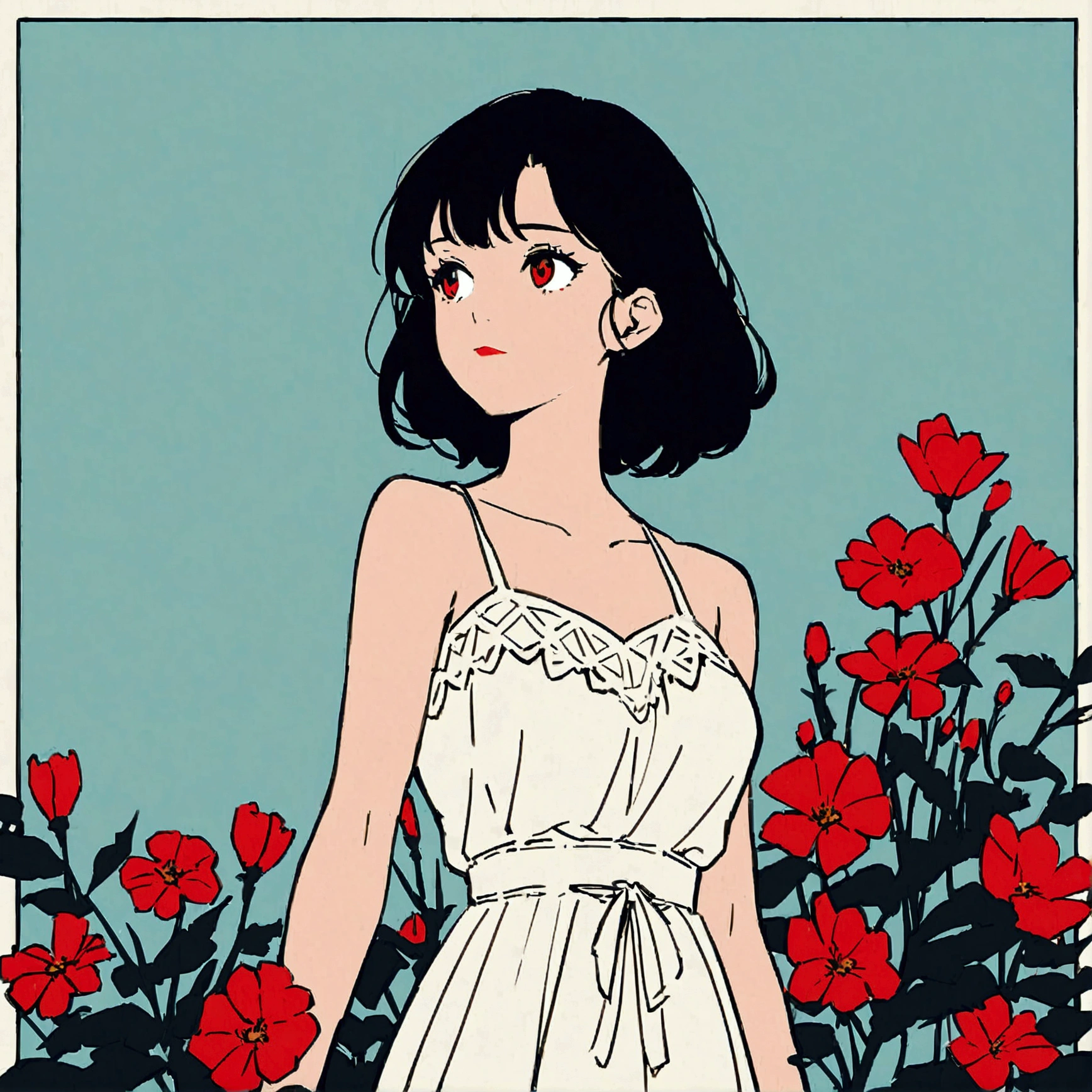 A woman solo in a white dress. Summer, nostalgic, simple and beautiful color scheme, flat color, flowers, chic, red flowers, black hair
