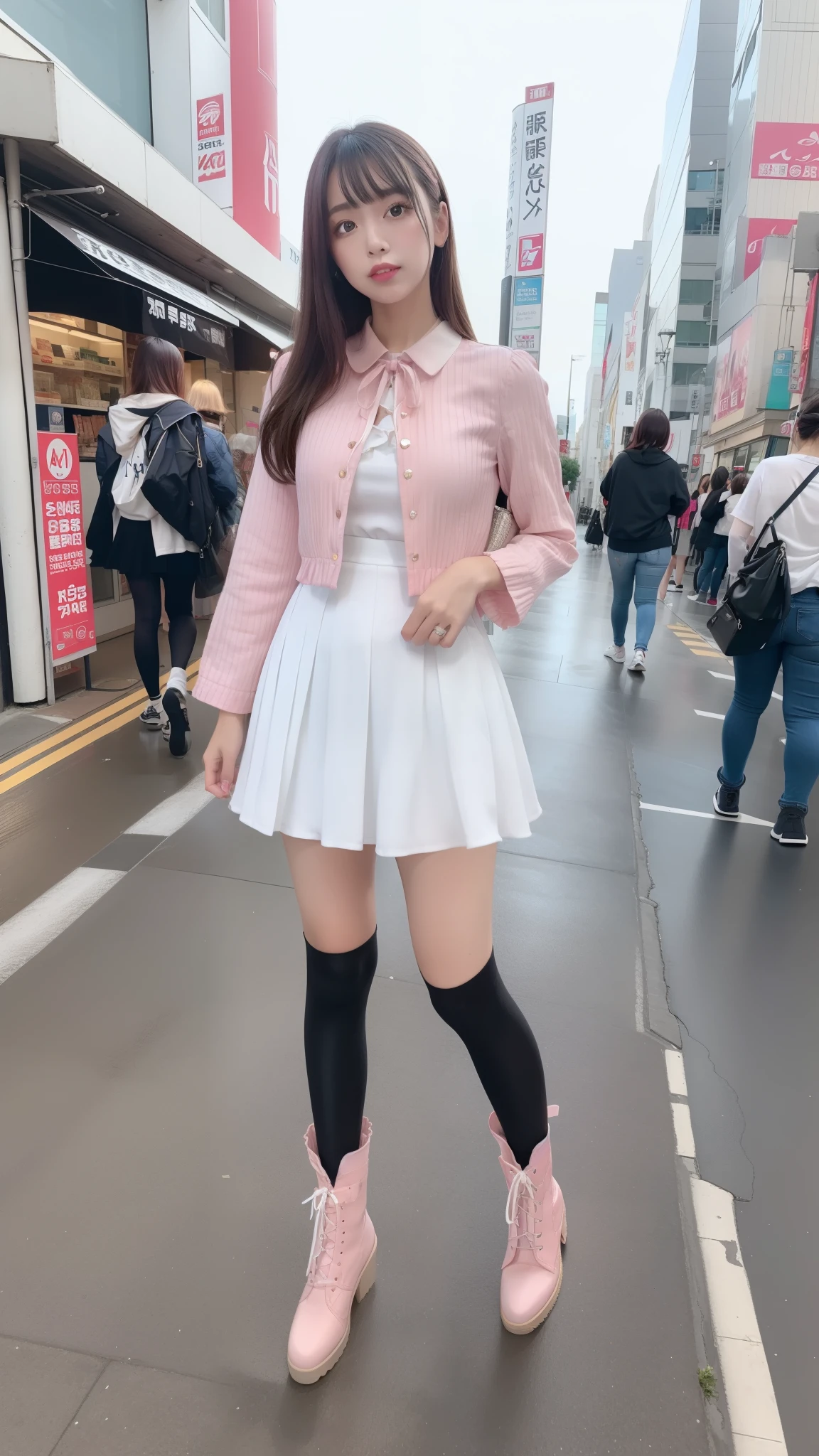 Costume like a idol, blue and white half sleeve Jacket, pink satin ruffled blouse, White and pink stripe pleated skirt, white lace up boots