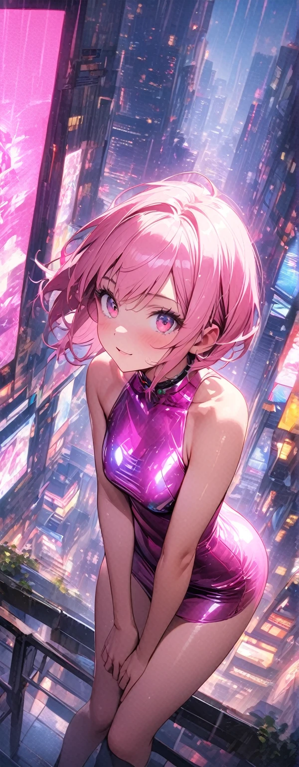 Looks about , (beautiful girl: 1.3),Highest quality,8k,Highly detailed CG unit wallpaper,masterpiece:1.2,top-quality,Ultra-high resolution,RAW Photos,real texture skin,Cinema Lighting,Huge buildings,metropolis,Big, round, beautifully shaped butt,),(Perfect hands, Perfect Anatomy),((Cyber city bathed in pink light rain)),(((the world turns upside down))),1girl,