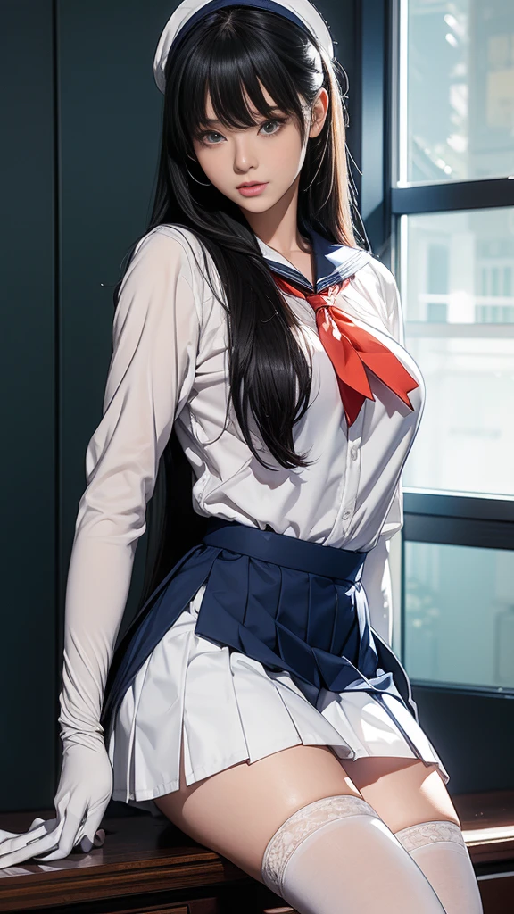 A great anime masterpiece!Pure white sailor uniform with knee-high socks、Very beautiful school girl in tactical boots。Her long black hair flows like silk、Hold a sniper rifle、Red eyes staring at the target。Transparent orange shooting goggles on her head、It enhances the overall sense of preparedness.。A pencil skirt and long hanger-free gloves complete her outfit.。The composition is tight.、The girl is placed in the center of the shot、Surrounded by subtle gradations of blue and white, reminiscent of the calm before the storm.。Professional lighting、From the intricate stitching of her suit、With extremely detailed eyes that peer into your soul、Highlight every detail。 8k resolution shines、Every pore and texture can be rendered with maximum clarity。It's like staring directly into this masterpiece.、Ultra-high resolution captures every intricate aspect of your design。