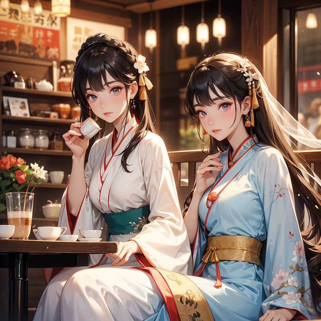 A beautiful woman wearing a hanfu dress was drinking pearl milk tea in big cup in a crowded coffee shop. She sat in the corner of a seat next to the glass. Light shone on her face. The eyes are very reflective during the day.