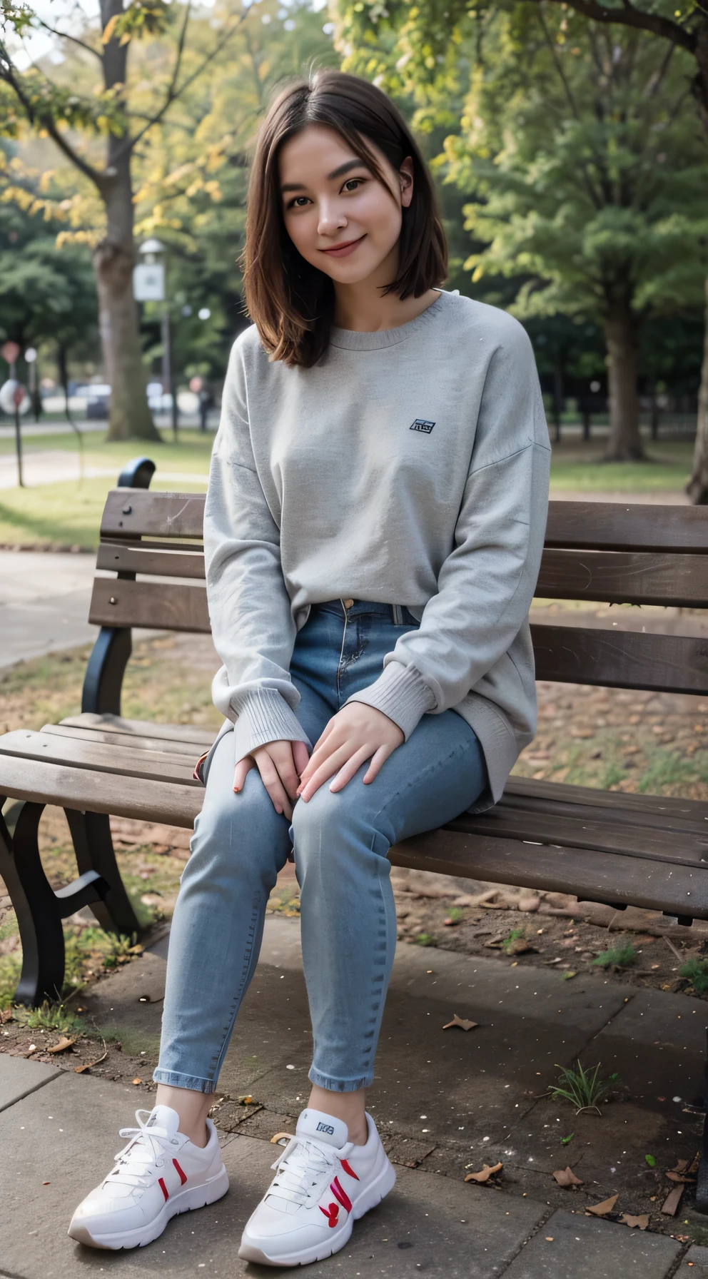 A girl is sitting on a bench in the park, Full body photo、, Short Haircut、 smile、Ear piercing、,Grey sweater, Skinny jeans、 Wearing sneakers,, High resolution, detailed, Realistic,High detailed

