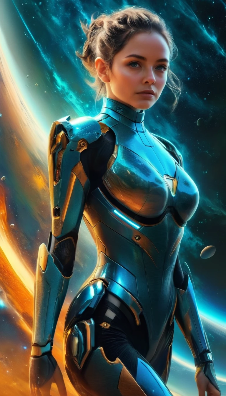 woman standing on the edge of horizon looking at the camera, sci fi art style of the masters,