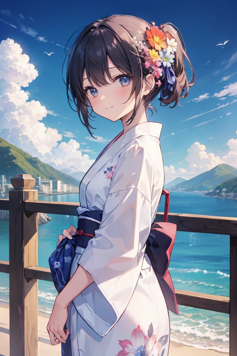 (masterpiece, Highest quality:1.2), One Girl, alone, scenery, shape, View your audience, Outdoor, Depth of written boundary,
sunlight, null, smile,yukata、night、 cloud,