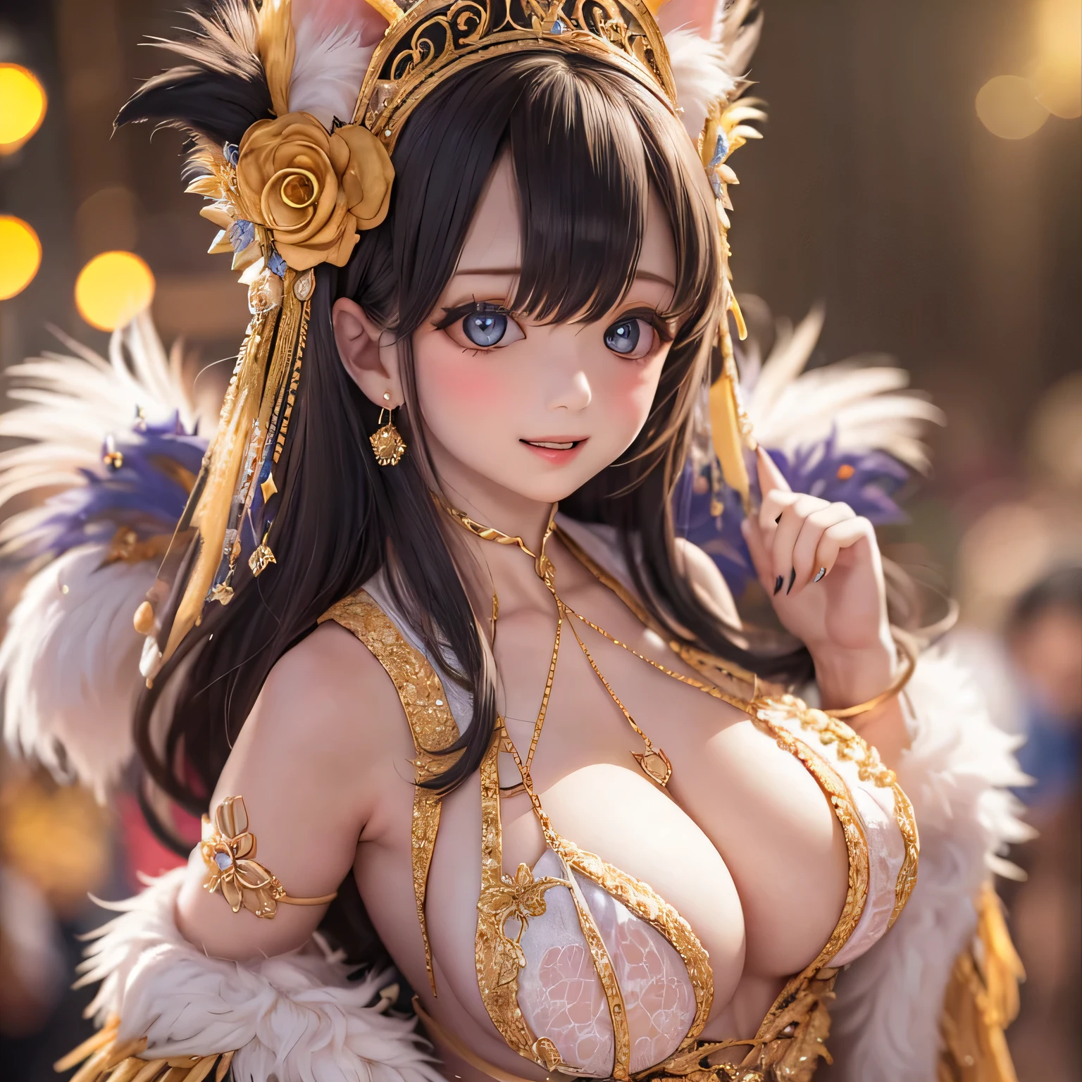 A girl with a Sexy pose, Cat girls wearing gold bikini costumes'girl'Her large breasts are hidden in her underwear..............: 140cm Bar Stage Voluptuous Body(((((hug my chest)))))
Nipples White Hair Huge Breasts Captivating Smile Tags: Sexy pose, Detailed face, Expressive eyes, Lips become thicker, beautiful girl, Feminine charm, Captivating Gaze, Captivating smile, Confident posture, , Lace details, , Warm lighting, Captivating color palette, Exquisite detail, Playful expressions (((((Rio Carnival Costume)))))