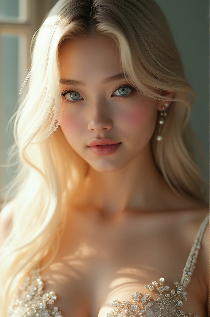 (a closeup:1.4)、(RAW shooting:1.2)、(Photorealsitic:1.4)、(masterpiece:1.3)、(top-quality:1.4)、bright expression、extremely beautyful girl、Extraordinary beautiful girl、Detailed cute and beautiful face、Beautiful bangs、Glowing white shiny skin、facial hairs、Bangs that extend to the face、Bangs between the eyes、Super long hair、Attractive light and dark platinum blonde super long straight silky hainer hair、Attractive glowing beautiful bright clear light blue big eyes、Luxurious dresses、Double eyelids、Lush bust、The upper part of the body、