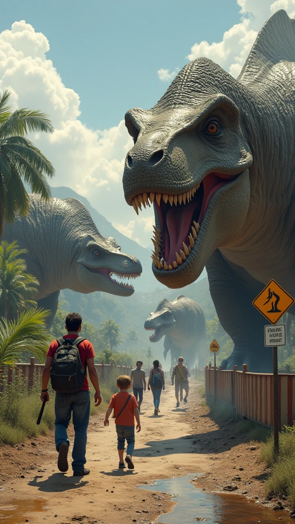 Depict the risks of interacting with dinosaurs, showing close encounters between humans and massive, potentially dangerous creatures. Include safety barriers, warning signs, and tense situations