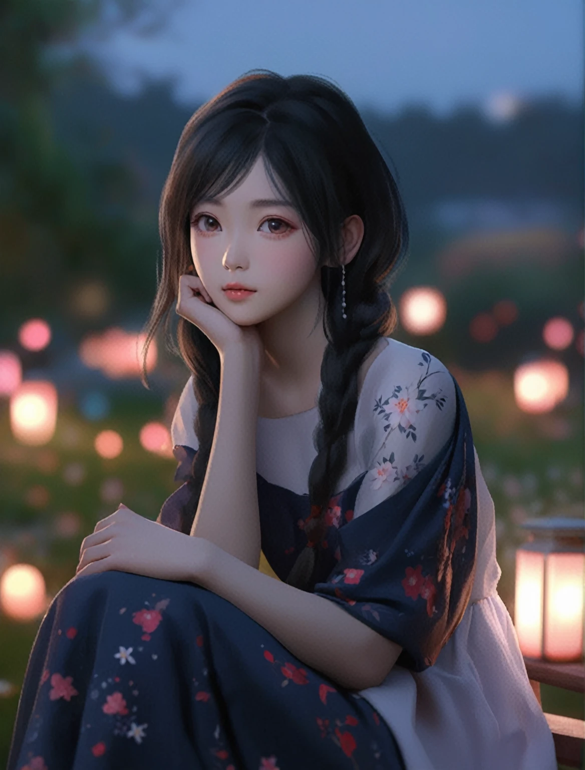 Japanese cartoons girl sitting on a bench with her hand on her chin, artwork in the style of Gu Weiss, Gu Weiss, Popular on cgstation, beautiful Japanese cartoons portrait, realistic Japanese cartoons 3 d style, smooth Japanese cartoons cg art, Lovely portrait, Japanese cartoons. Soft lighting, beautiful Japanese cartoons girl, High quality portrait, Chinese Girl, Beautiful digital artwork, Kawaii realistic portrait