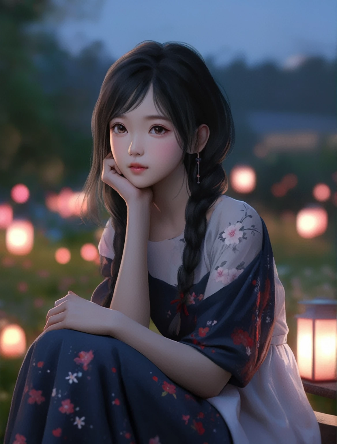 Japanese cartoons girl sitting on a bench with her hand on her chin, artwork in the style of Gu Weiss, Gu Weiss, Popular on cgstation, beautiful Japanese cartoons portrait, realistic Japanese cartoons 3 d style, smooth Japanese cartoons cg art, Lovely portrait, Japanese cartoons. Soft lighting, beautiful Japanese cartoons girl, High quality portrait, Chinese Girl, Beautiful digital artwork, Kawaii realistic portrait