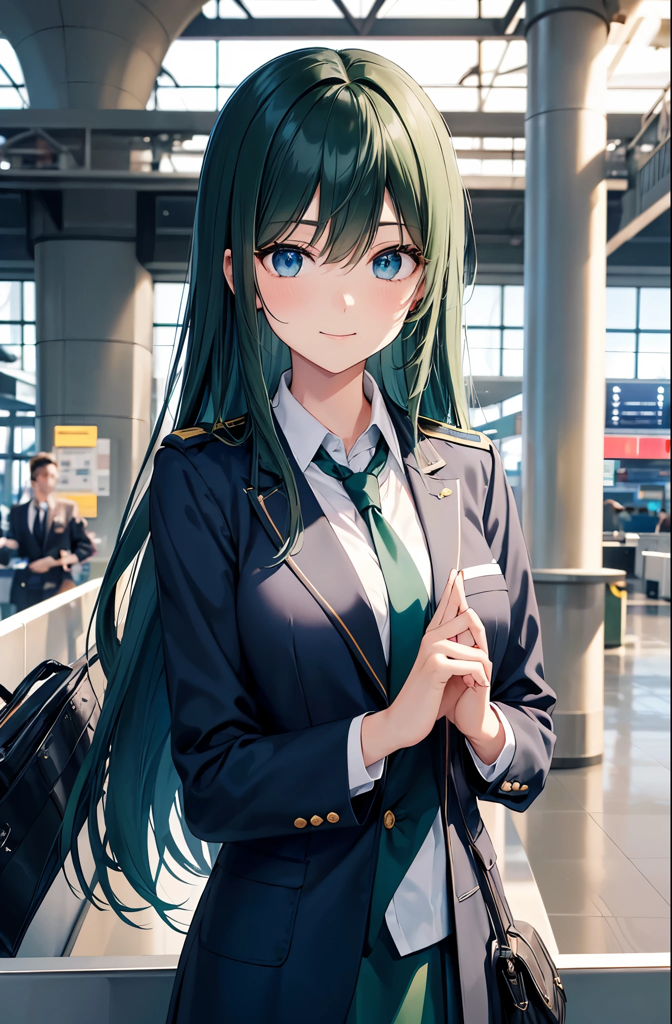 Voluminous dark green hair, dark green hair, long straight hair, big droopy eyes, blue eyes, looking at me shyly, sparkling eyes, focus on face, fresh smile, big droopy eyes, blue eyes, navy blue stewardess uniform, navy blue blazer, long skirt, greeting, over airport lobby Airplane background flying over airport lobby, . 5 fingers, both hands, high quality fingers, focus on face , 5 fingers, both hands. No shadow on background, high quality, No shadow on background, high quality, Focus on face.
