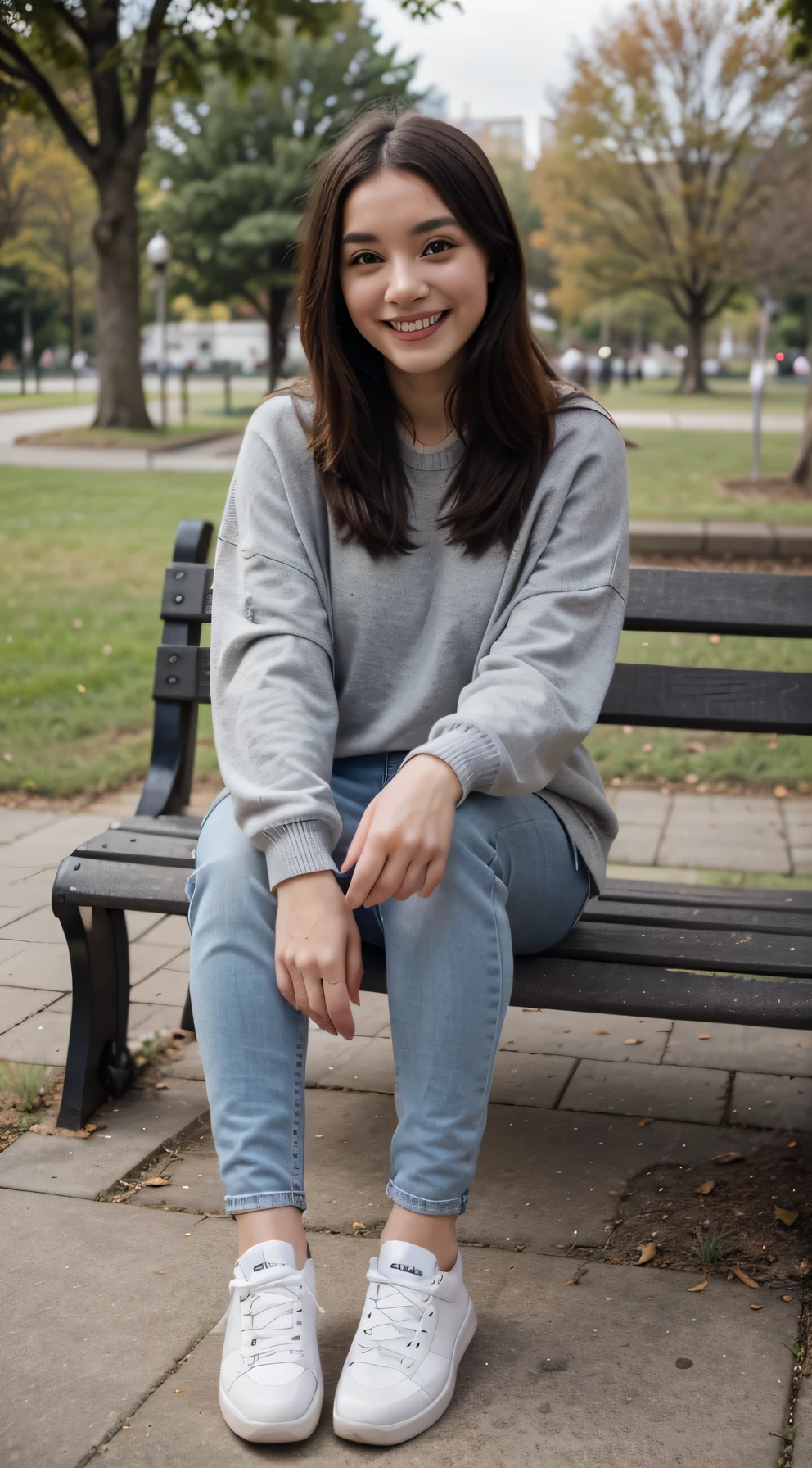 A girl is sitting on a bench in the park, Full body photo、, , smile、Beautiful teeth and ear piercings、,,Grey sweater, Skinny jeans、 sneakers、High resolution, detailed, Realistic,High detailed