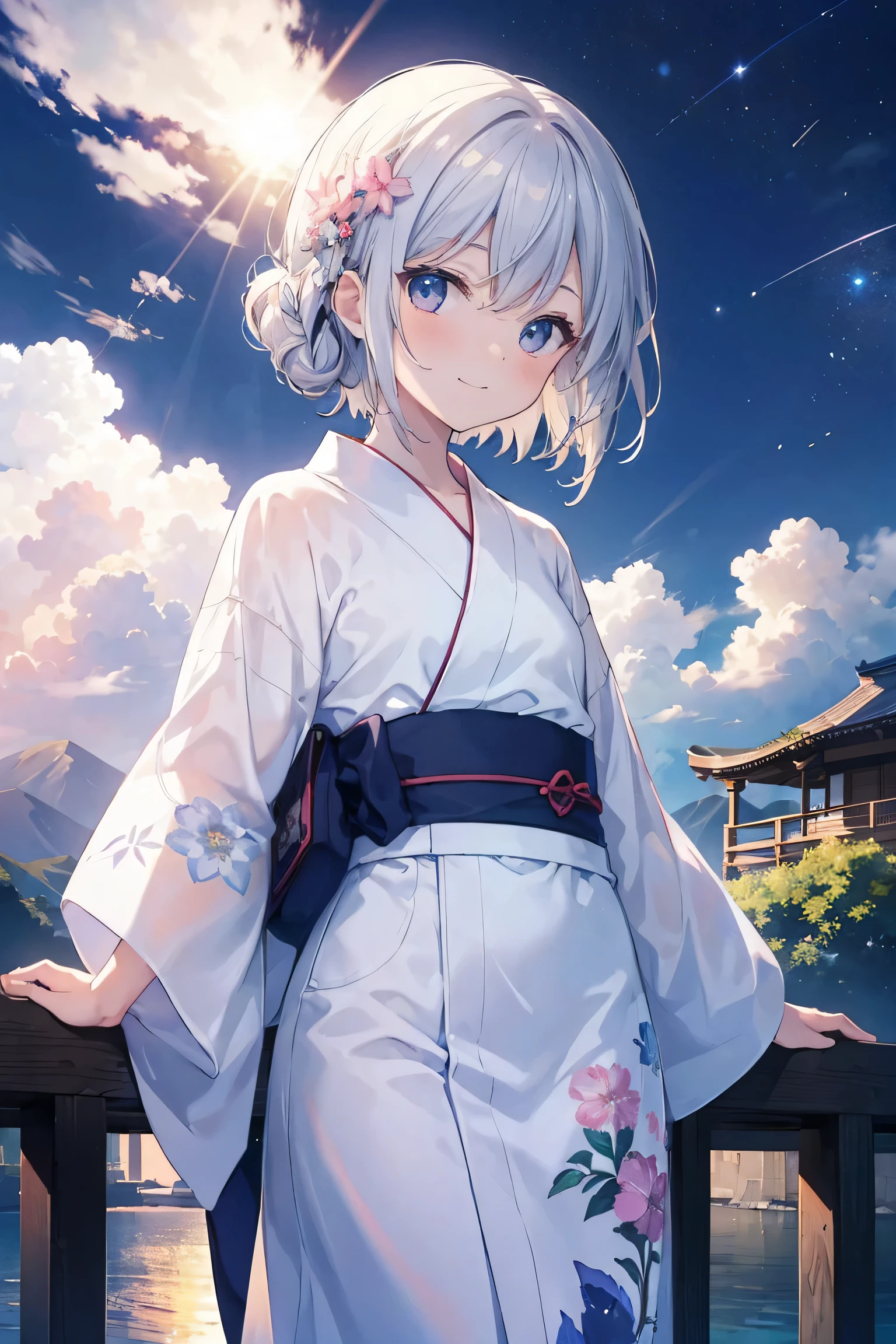 (masterpiece, Highest quality:1.2), One Girl, alone, scenery, shape, View your audience, Outdoor, Depth of written boundary,
sunlight, null, smile,yukata、night、 cloud,