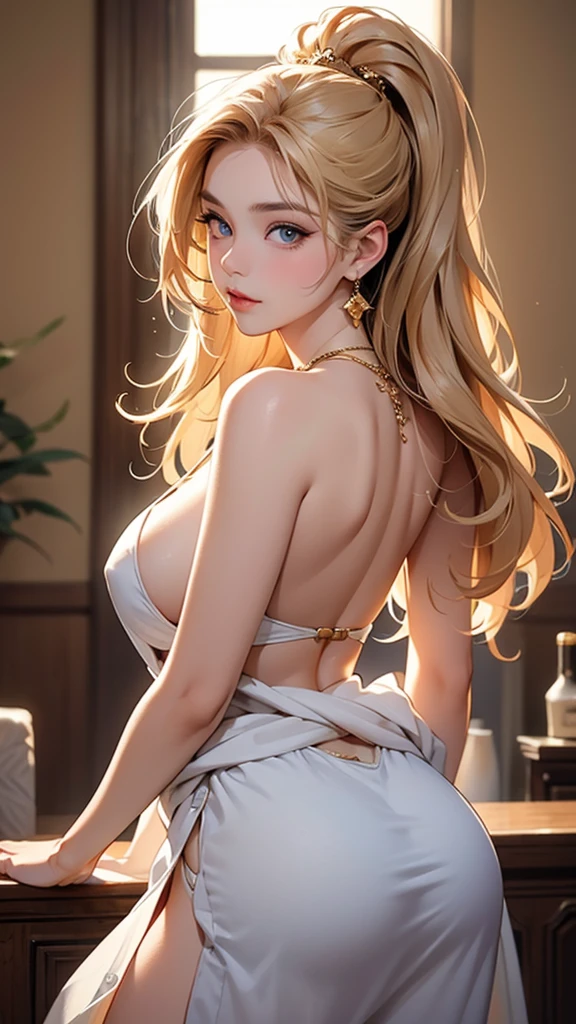 8K quality, ((Most beautiful girl ever)), (((Best quality))), HDR, ((Details)), ((Masterpiece)), ((Super detailed)), ((Delicate eyes, Best eyes ever, Beautiful eyes, Big eyes))(Light hair, Beautiful hair, Voluminous hair), (Shapely breasts), ((Golden bikini))((Earrings, Necklace)), (((Nice ass, Facing backwards, Turning around and looking at the camera, From the waist up)))