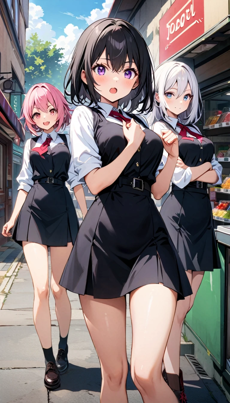 (Lovely eyes:1.2), (Bright Eyes:1.2), best quality,wonderful,Finely,Extremely detailed CG unity 8k wallpaper, (The most popular one in school,3 girls),(((3 girls,,Uniforms))) (The girl in the middle,Cross-waist posture,((Long black hair)),Red Eyes,), (Girl on the right,((White hair)),Pink Eyes),(((Girl on the left,(Pink Hair),Purple Eyes,Looks rude.))), (Large breasts:1.1), (open mouth:1.1),(thigh:1.2),(waistline:1.2),Corner store in the background