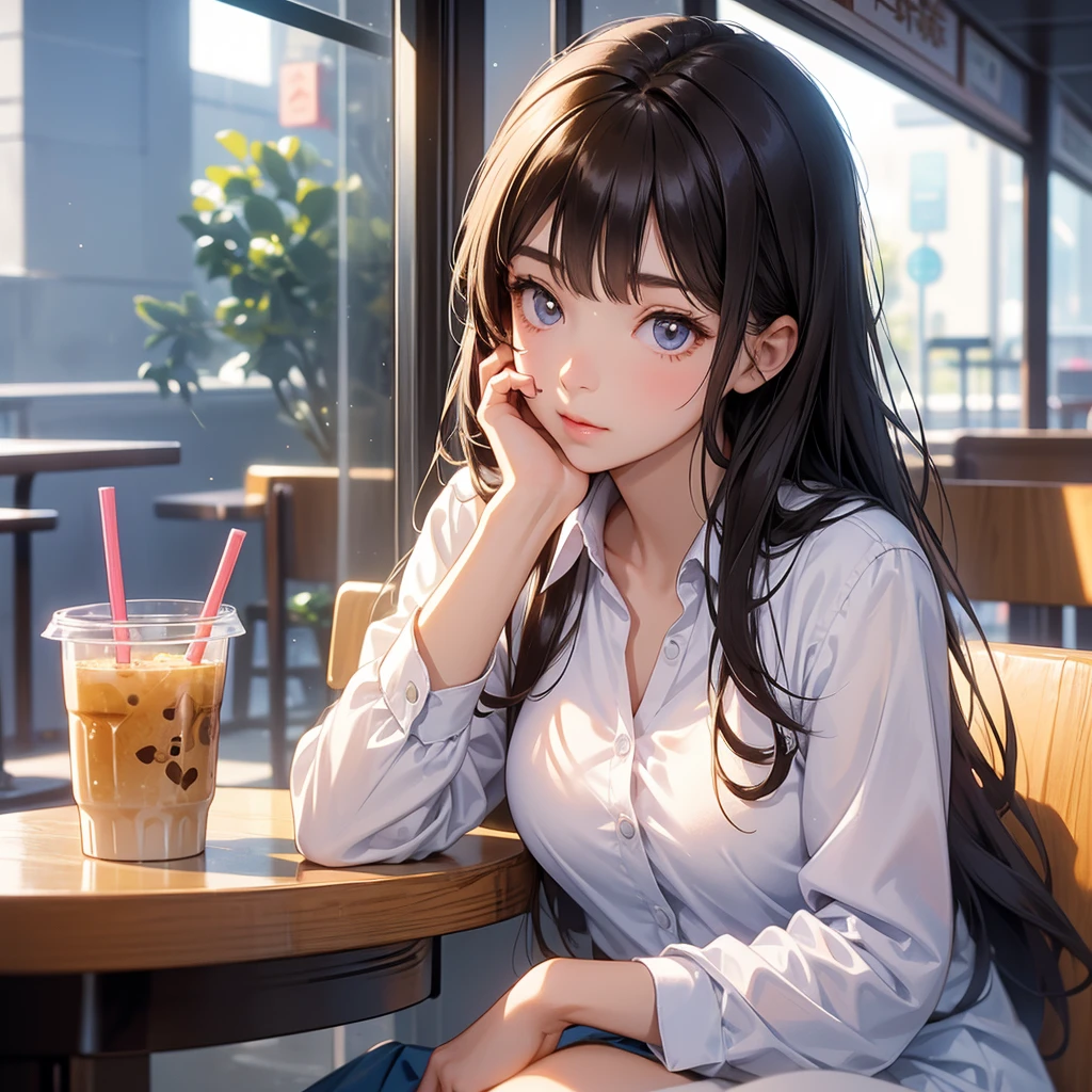 Beautiful girl in school uniform Drinking bubble milk tea in a crowded coffee shop. She hid in the corner of the seat next to the glass. Light shone on her face. The eyes are very reflective during the day.