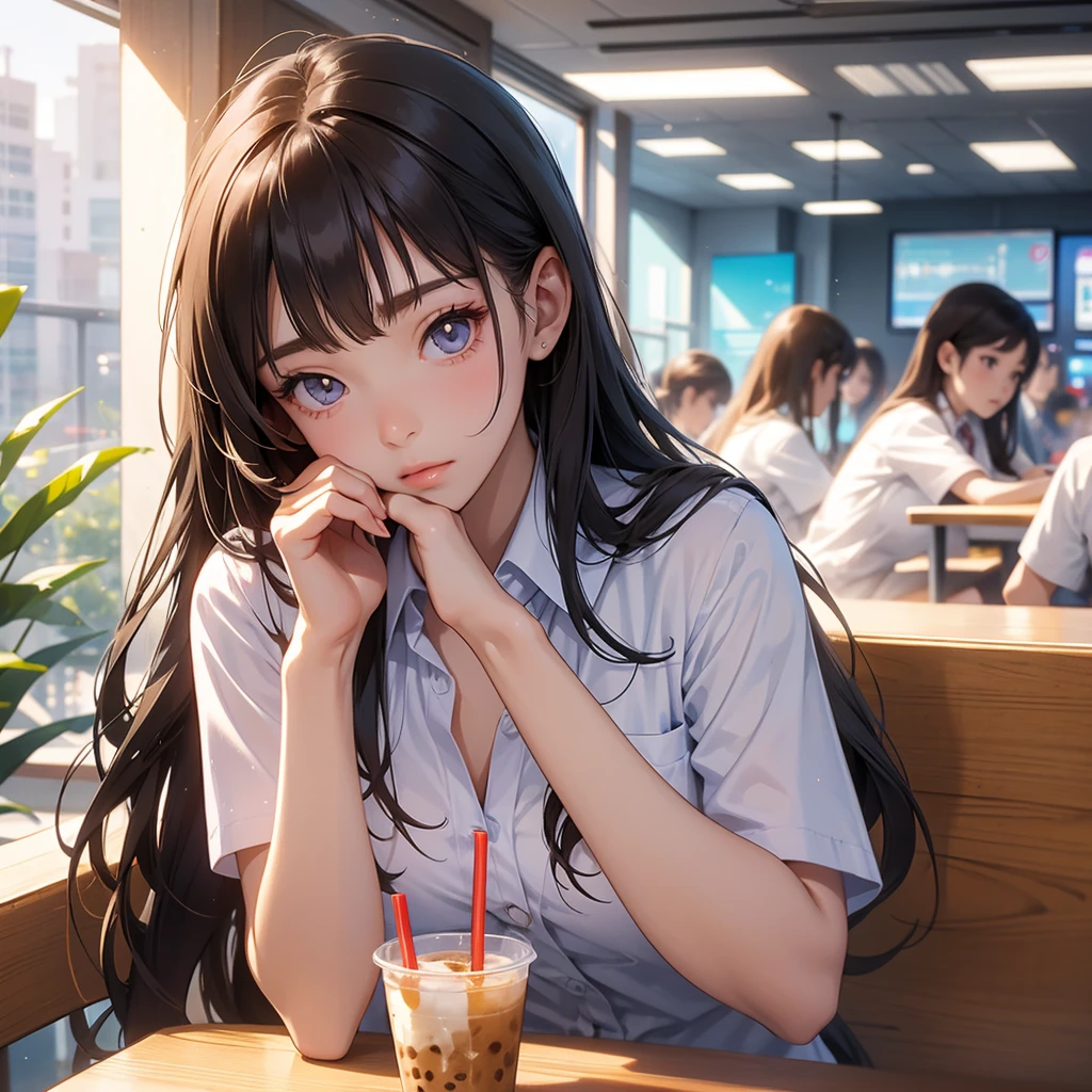 Beautiful girl in school uniform Drinking bubble milk tea in a crowded coffee shop. She hid in the corner of the seat next to the glass. Light shone on her face. The eyes are very reflective during the day.