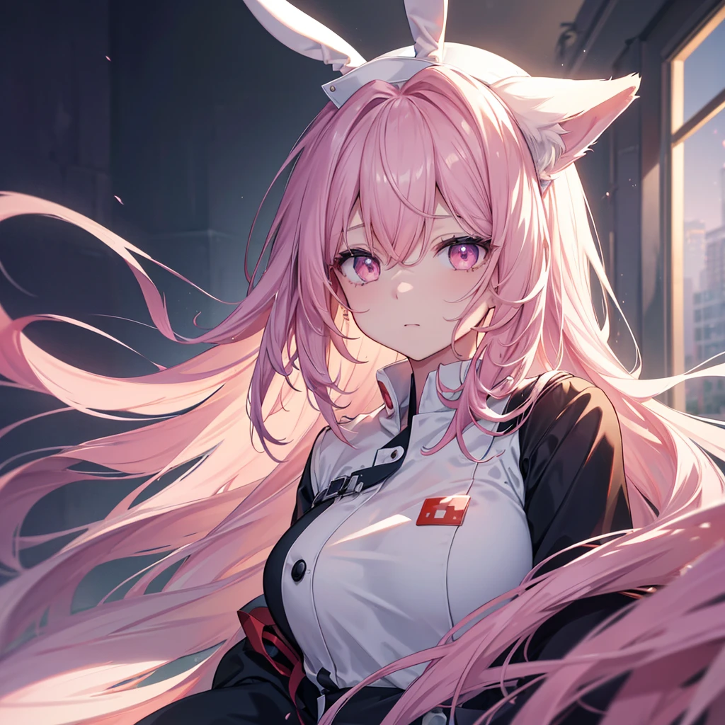 Beautiful detailed portrait of a long-haired anime-style nurse。Sharp Eyes、Ominous Aura、Beautiful brown eyes、Sharp face、Strong presence、Bunny ears、Pink Eyes、Shortcuts、Dramatic Chiaroscuro、Intricate details、(Highest quality、4K、8k、High resolution、masterpiece:1.2)、Super detailed、(Real、Photorealistic:1.37)、HDR、uhd、Studio Lighting、Superfine painting、Sharp focus、Physically Based Rendering、extreme detail depiction、professional、Vibrant colors、Super sadist character。
