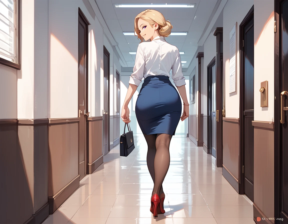 (score_9,score_8_up,score_7_up),1woman,solo,source_anime,mature,big sister,middle age,blonde hair,green eyes, white shirt, pantyhose, (blue skirt:1.2), pencil skirt, red stiletto heels, warm smile, warm eyes, view from behind, looking back, walking, office hallway, looking at viewer