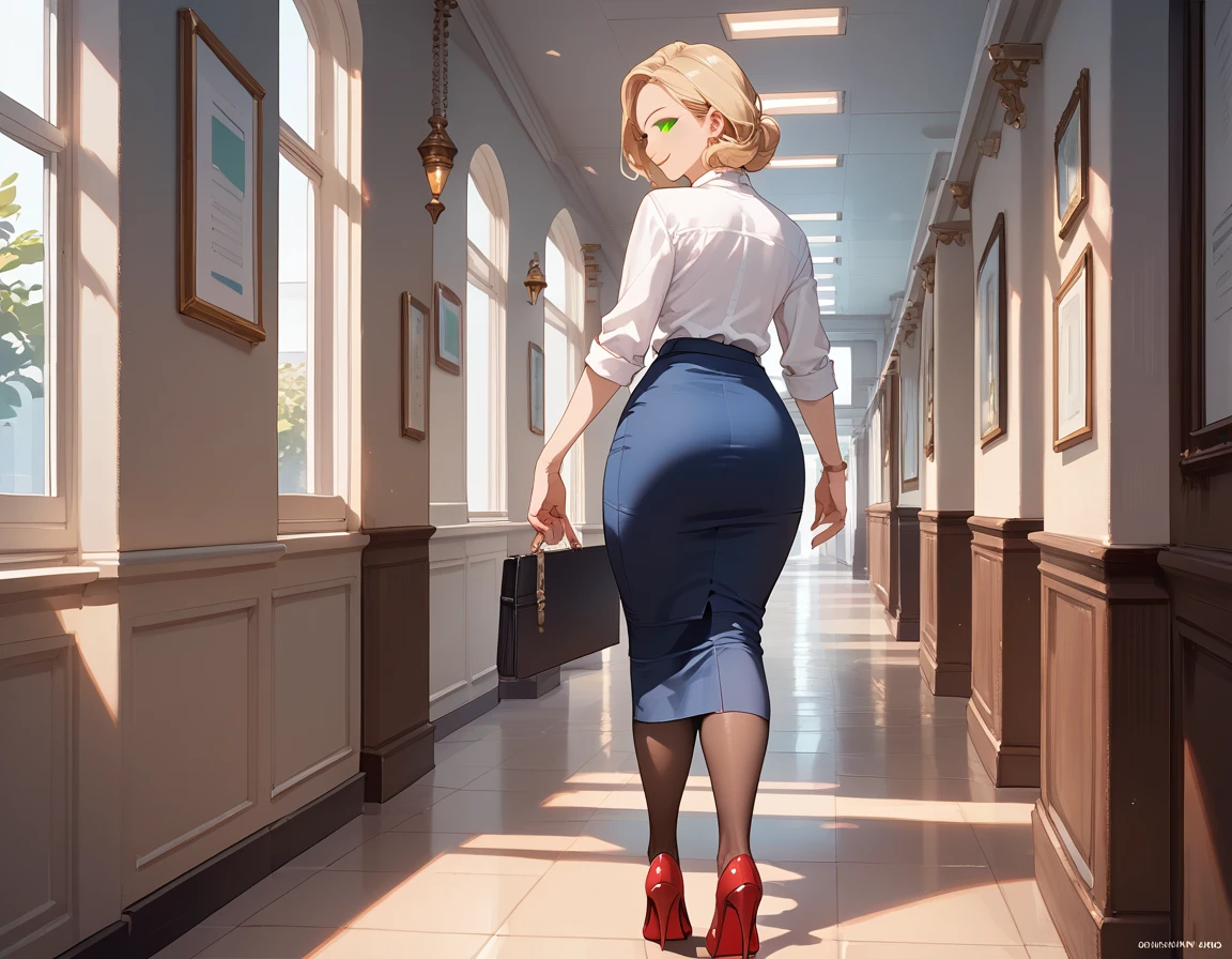 (score_9,score_8_up,score_7_up),1woman,solo,source_anime,mature,big sister,middle age,blonde hair,green eyes, white shirt, pantyhose, (blue skirt:1.2), pencil skirt, red stiletto heels, warm smile, warm eyes, view from behind, looking back, walking, office hallway, looking at viewer