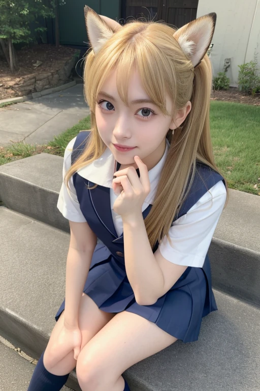 ((Beautiful blonde hair))、((Beautiful blonde hair))、One Girl、((Highest quality、8k、masterpiece))、Sharp focus:1.2、(Small fox ears)、Cute 17 year old girl with perfect figure:1.4、((Detailed image of the skirt))、 ((Detailed image of the skirt))、Highest quality, masterpiece, Ultra-high resolution, (Realistic:1.4), RAW Photos, Full Body Shot, Front view, From below, One Girl, The most famous Japanese idols, Crouching on the stairs, ((Wear Japan high school uniform)), (Very cute face like the most popular Japanese idol, (Very beautiful big eyes)), Very beautiful hair, Very beautiful skin, Very beautiful long eyelashes, Very beautiful lips, Very beautiful short body, Very beautiful thighs, An innocent smile, View your viewers, Dynamic pose, Detailed play area, ((Detailed matching of Japanese high school uniforms)), ((Detailed image of the skirt)、)((Detailed image of the skirt))、((Detailed image of the skirt))